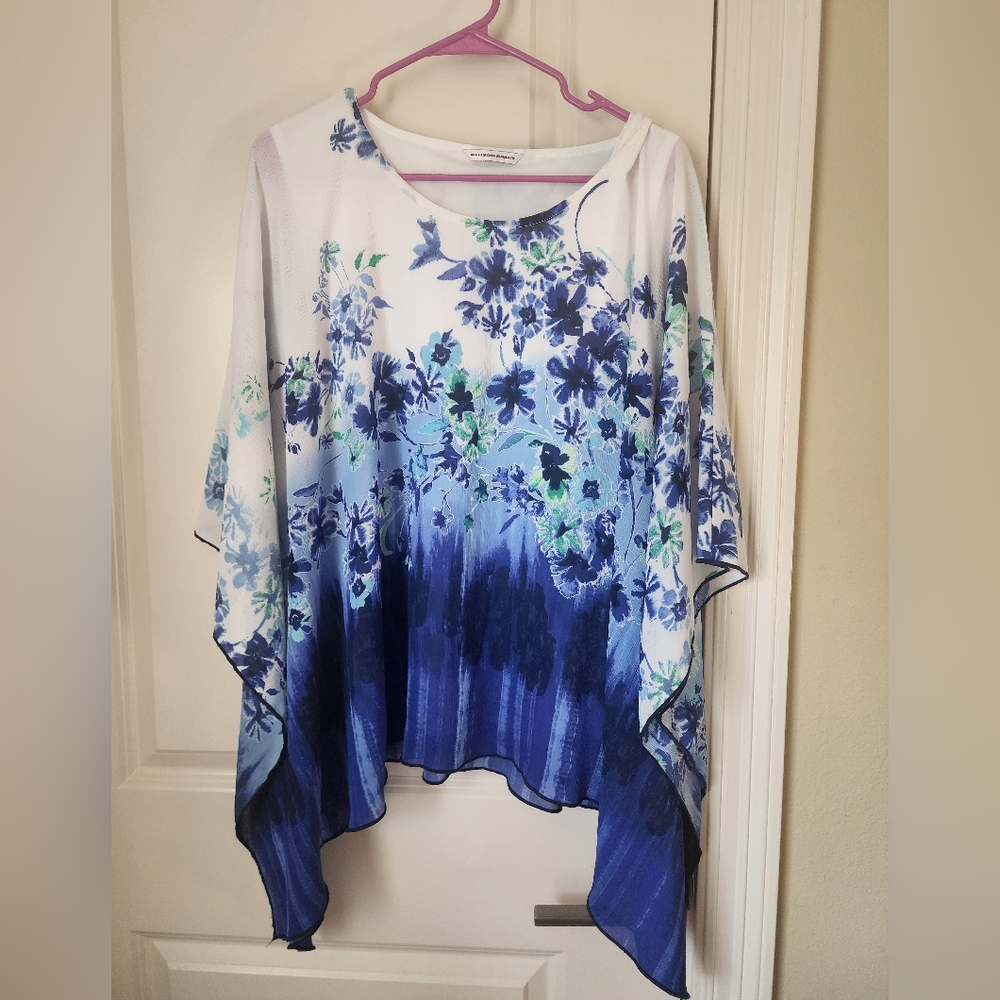 Allison Daley White Pancho Top with Purple Accents